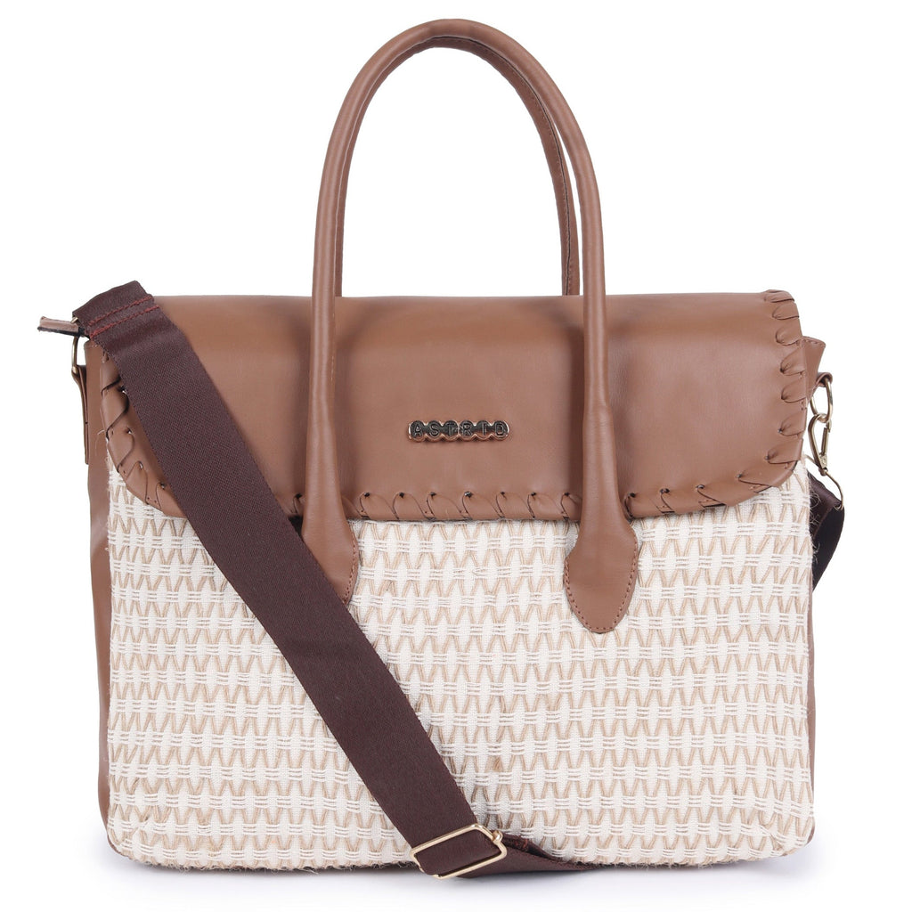ASTRID cream textured laptop bag with tan flap, a corporate Diwali gift idea