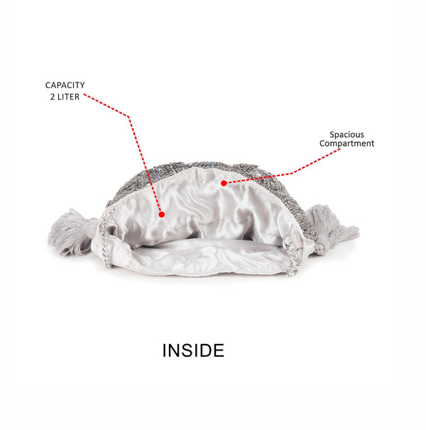 ASTRID Grey Beaded Embroidered Woven Makeup/Potli