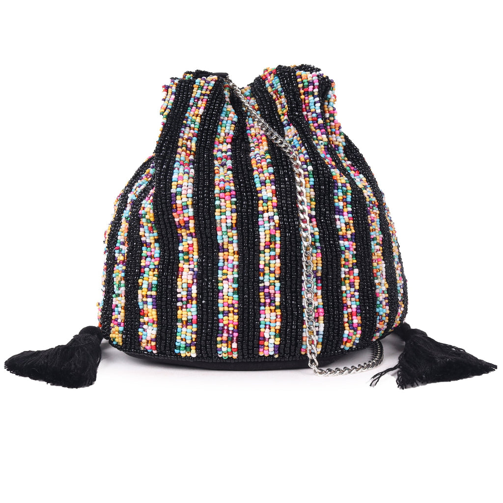 ASTRID Green/ White Beaded Embroidered Woven Makeup/Potli