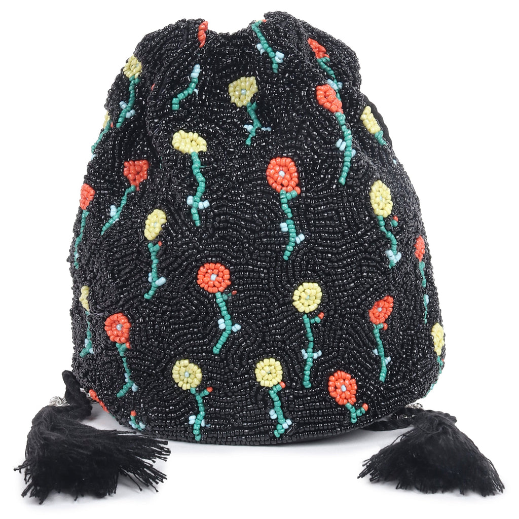 ASTRID Black Beaded Embroidered Woven Makeup/Potli