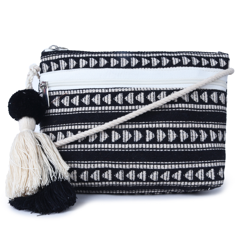 ASTRID black/white Colour  Dhurry  Fabric Cross body Sling/Travel Pouch With rope Handle