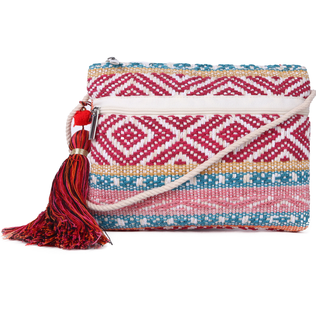 ASTRID Multi Colour Dhurry Fabric Cross body Sling/Travel Pouch With rope Handle