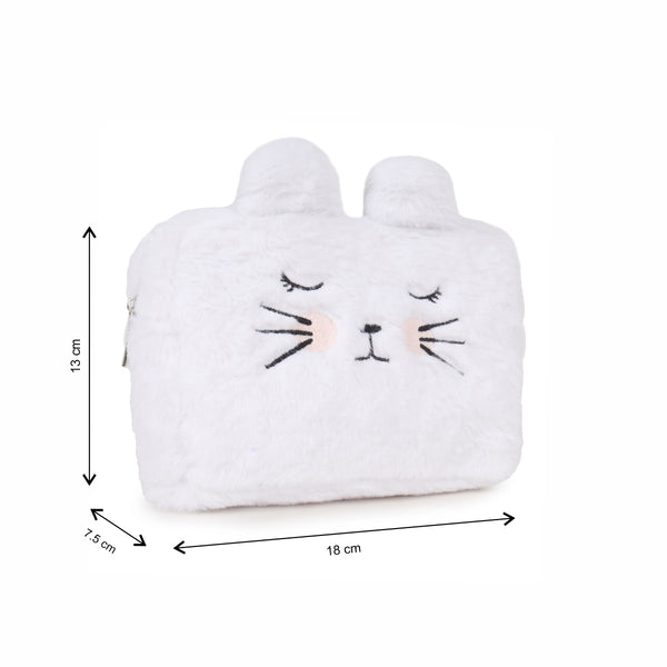 ASTRID White Fur woven Makeup/Travel Pouch With top zip