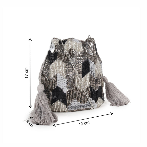 ASTRID Grey Beaded Embroidered Woven Makeup/Potli