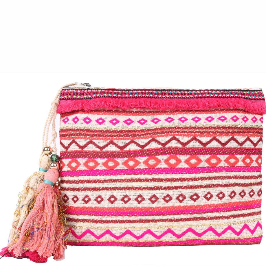ASTRID Multi  with black colour striped woven Makeup/Travel Pouch With Tassels