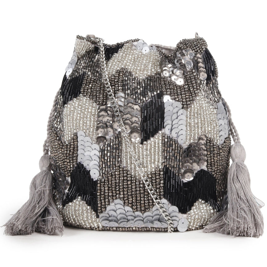 ASTRID Grey Beaded Embroidered Woven Makeup/Potli