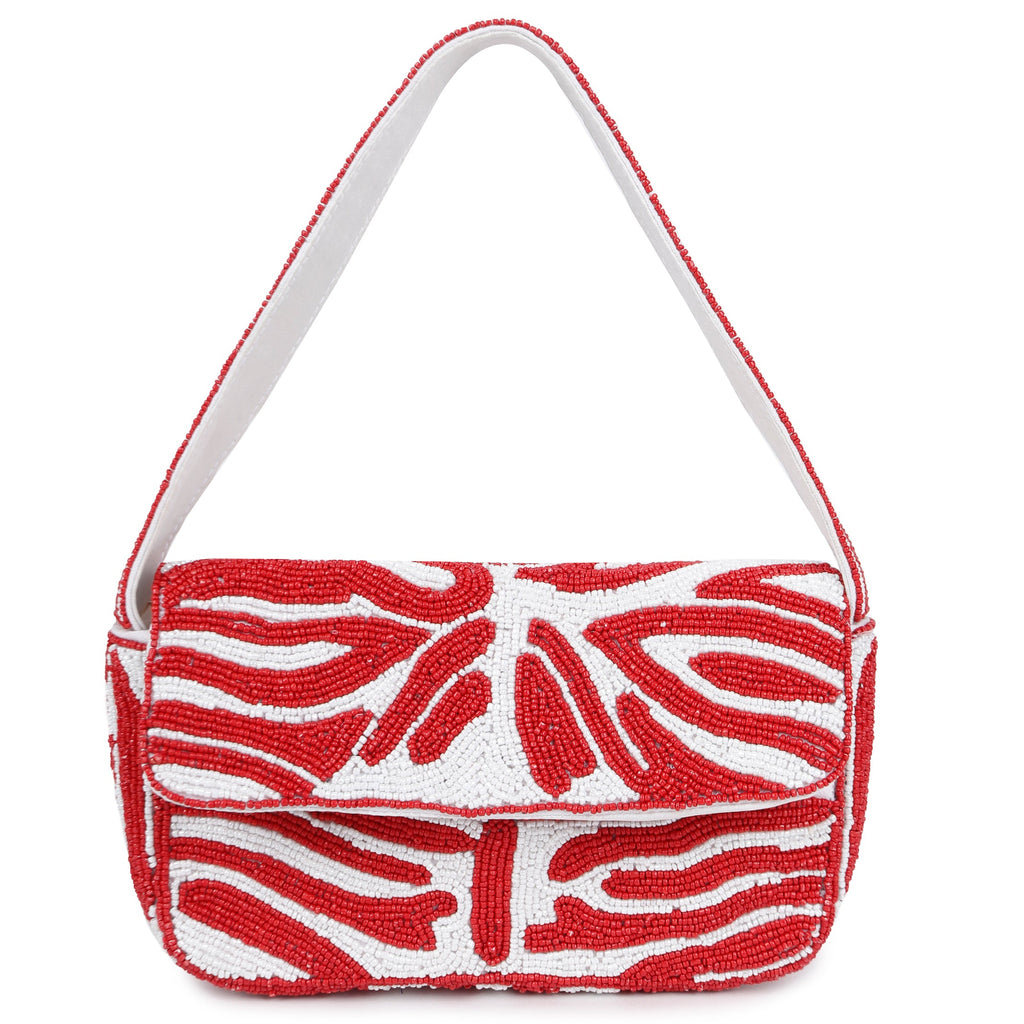 ASTRID White/Red beaded embroidered woven handbag/Travel Bag