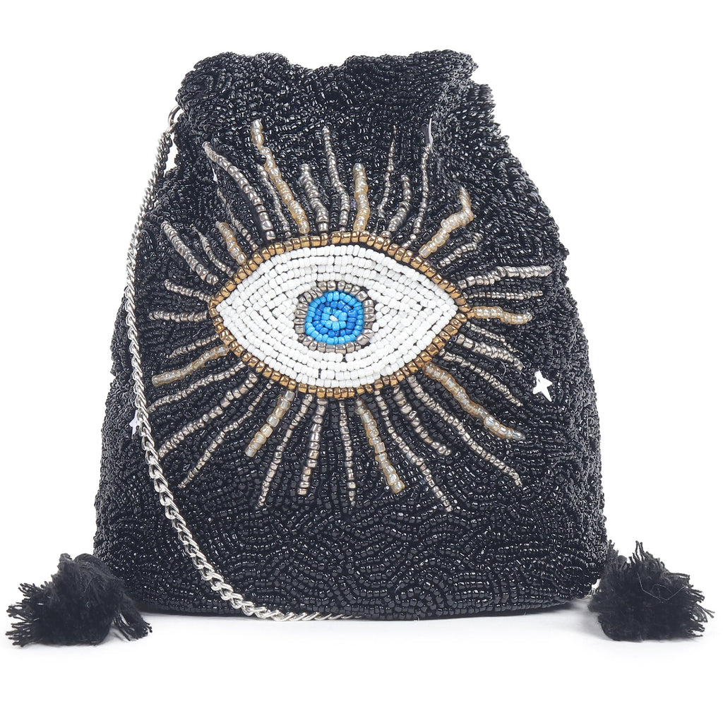 ASTRID Black Beaded Embroidered Woven Makeup/Potli