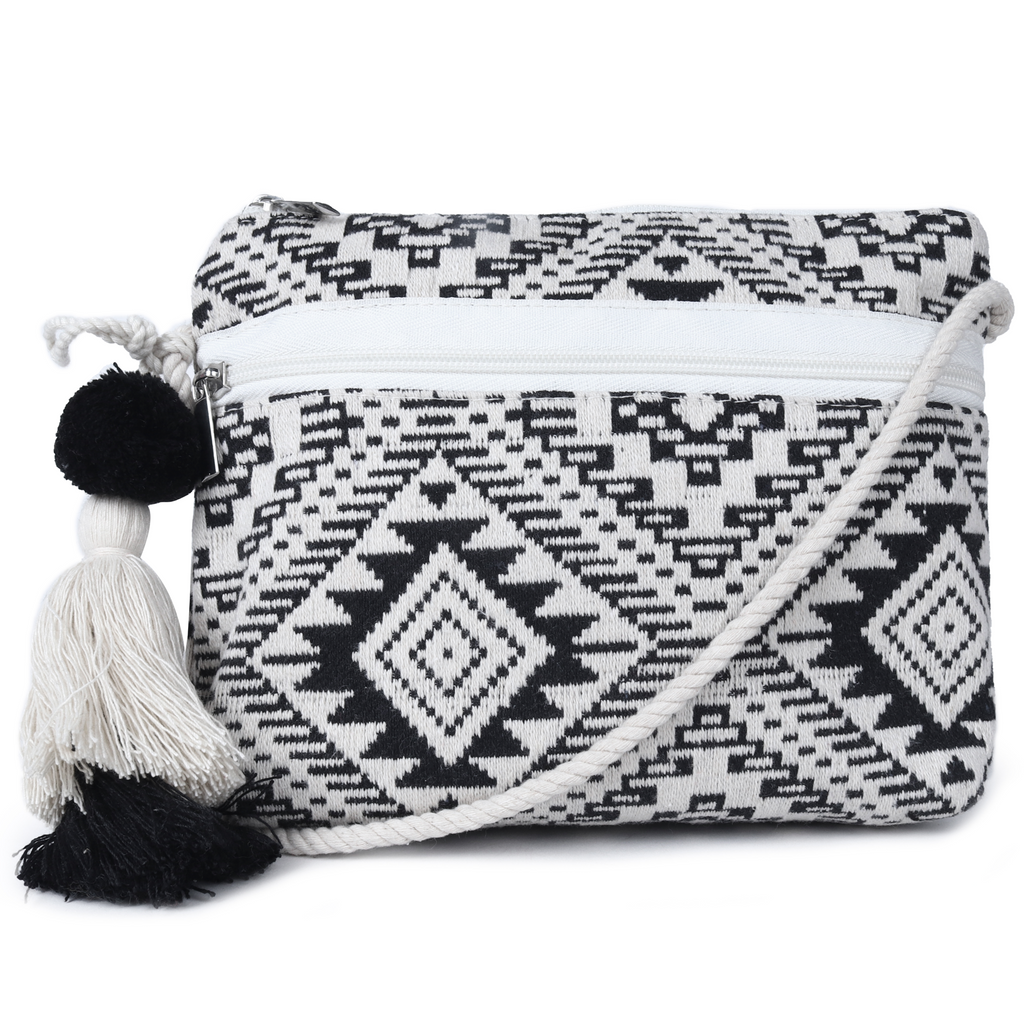 ASTRID Black/Natural  Colour  Dhurry  Fabric Cross body Sling/Travel Pouch With rope Handle