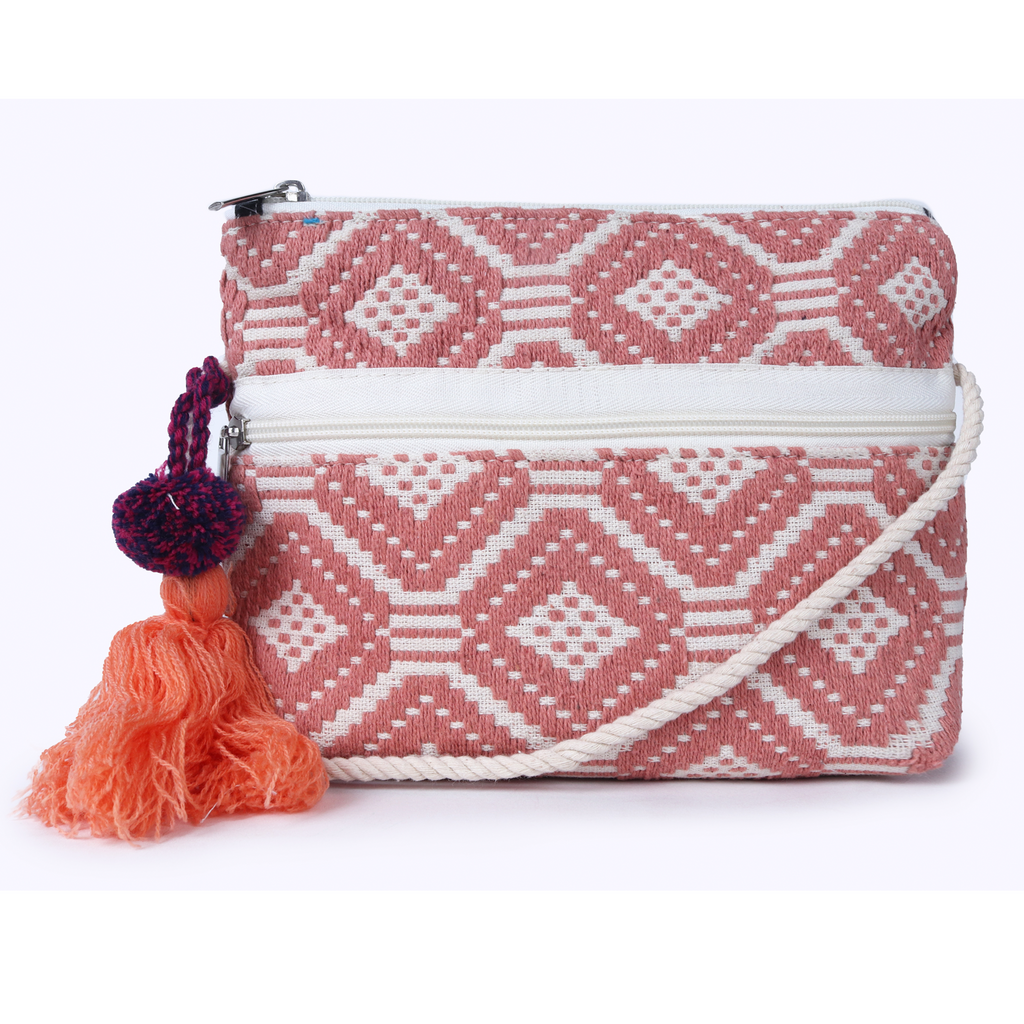 ASTRID Brown/Natural Colour  Dhurry  Fabric Cross body Sling/Travel Pouch With rope Handle