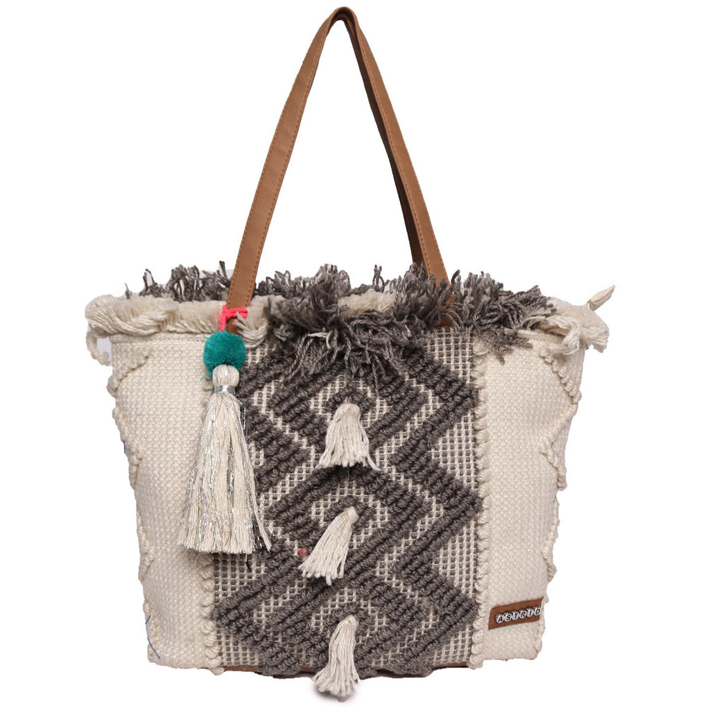 Natural/Grey Color Handloom Bags With Pu Handle And Beautiful Handing Tassel