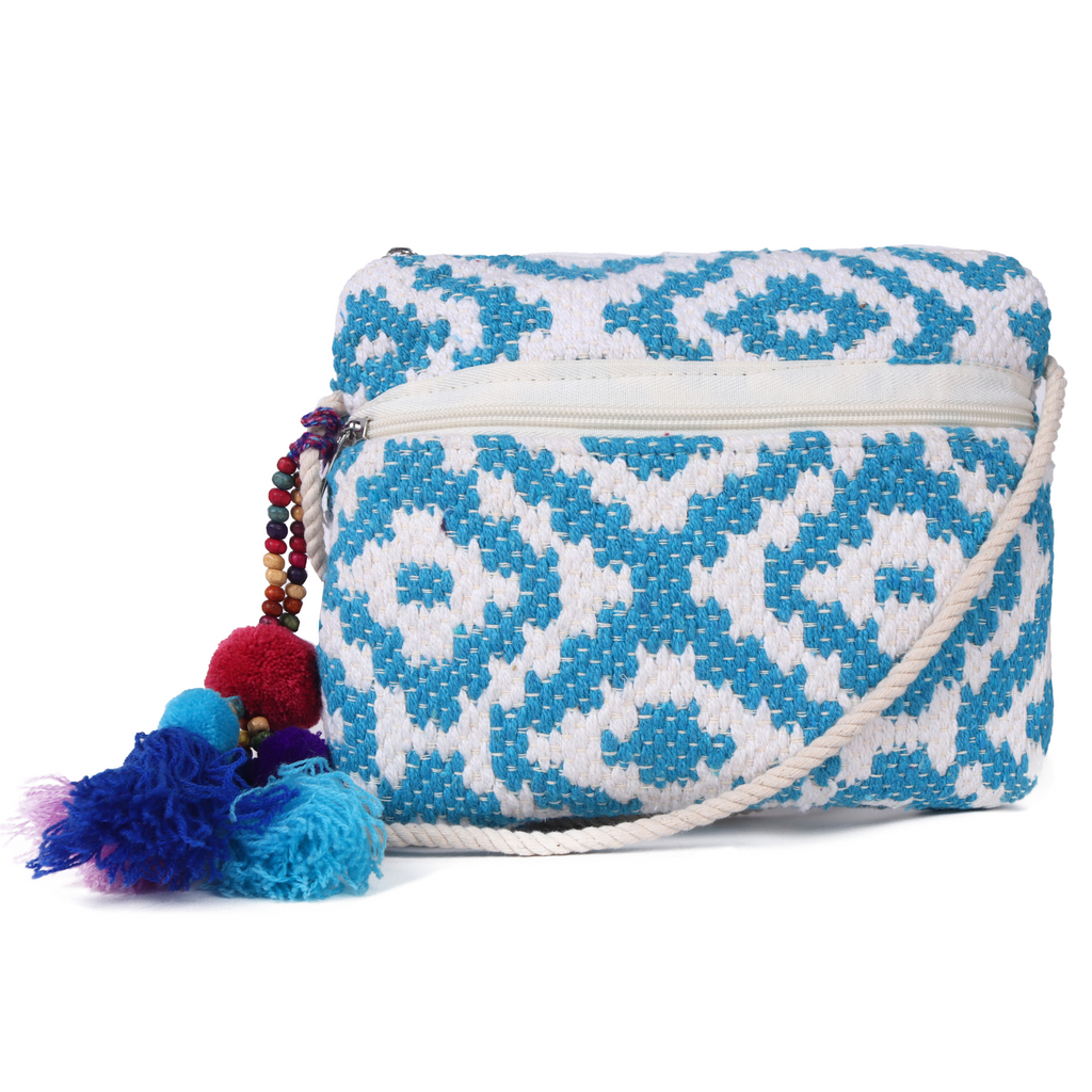 ASTRID Sky blue/Natural  Colour  Dhurry  Fabric Cross body Sling/Travel Pouch With rope Handle