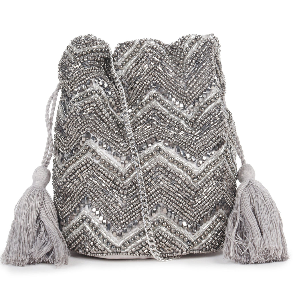 ASTRID Grey Beaded Embroidered Woven Makeup/Potli