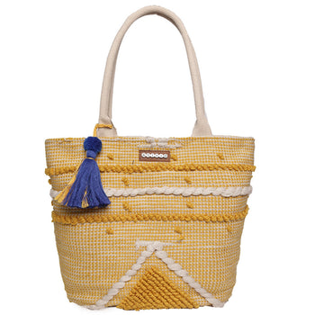 Mustard/Natural Color Handloom Bags With Pu Handle And Beautiful Handing Tassel
