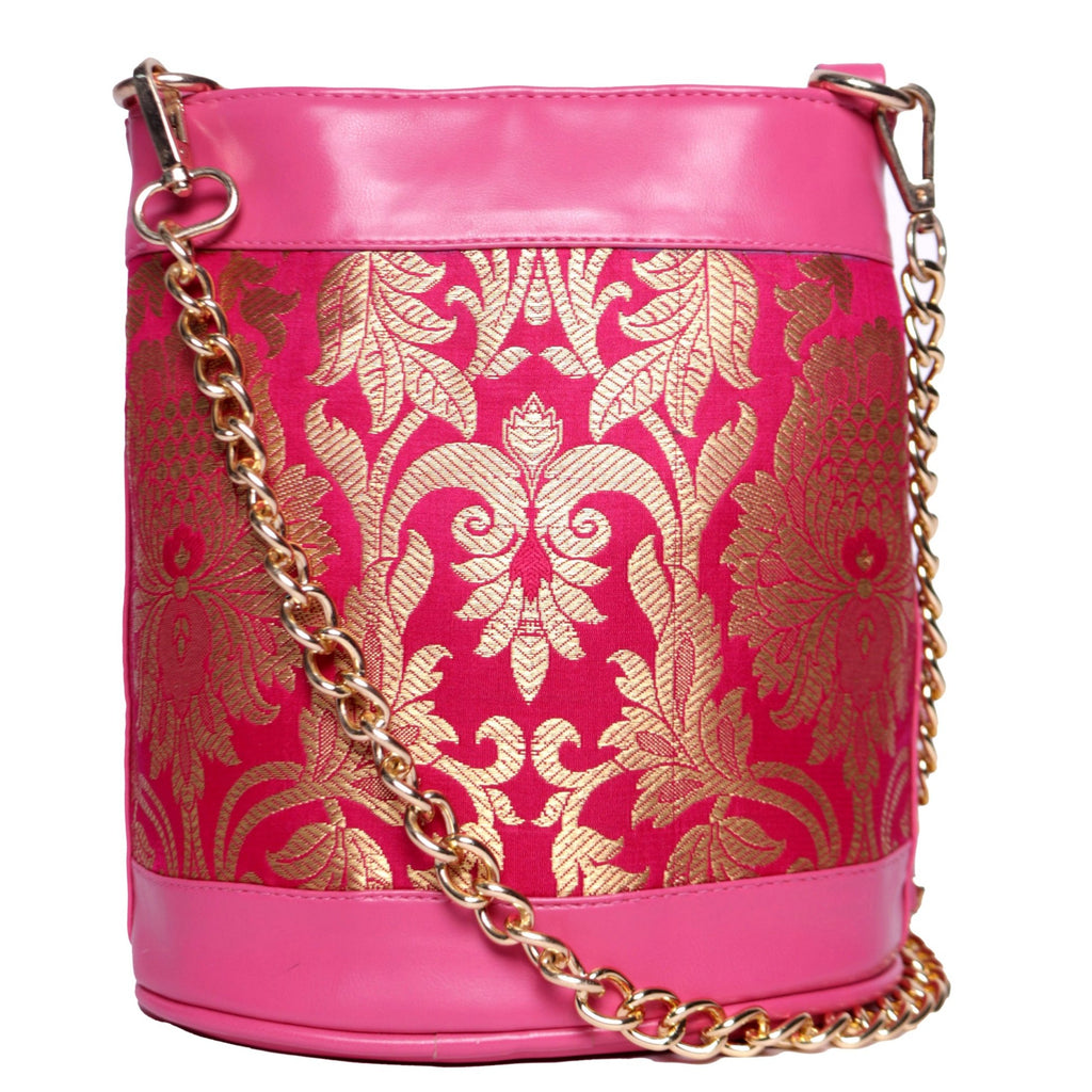 ASTRID Magenta Brocked Fabric  With PU and Chain Long Handle Bag.