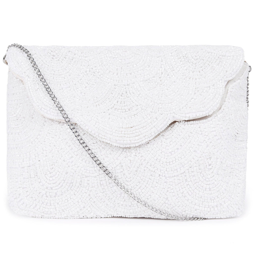 ASTRID flapover pearl beaded clutch with metal chain