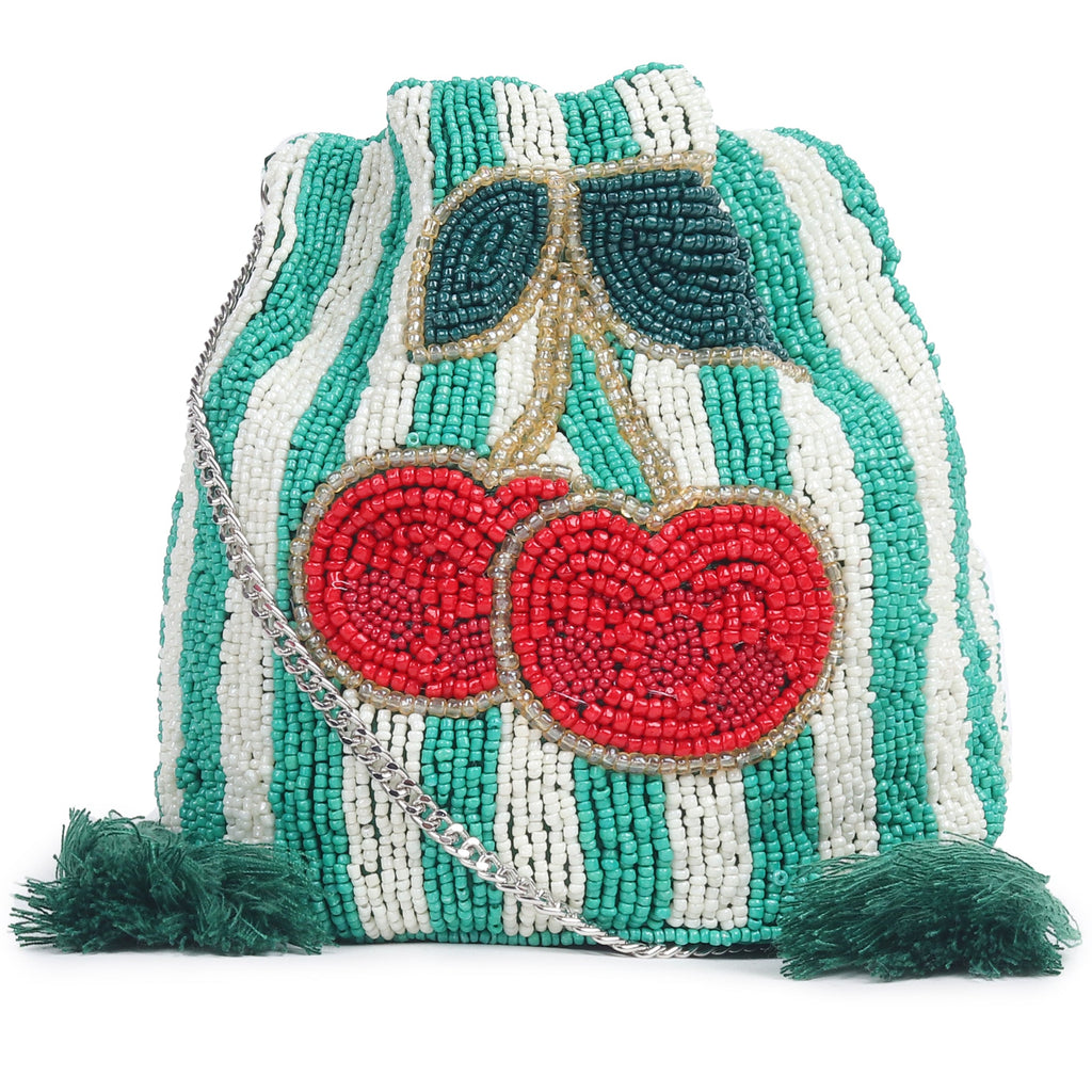 ASTRID Green/ White Beaded Embroidered Woven Makeup/Potli
