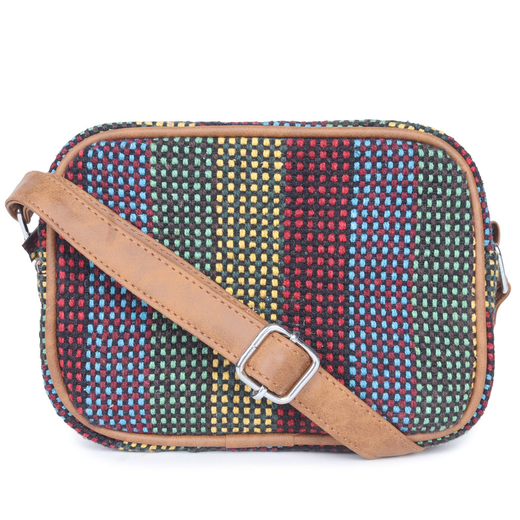 ASTRID Multi Colour  Dhurry  Fabric Cross body Sling/Travel Pouch With PU Adjustable Handle