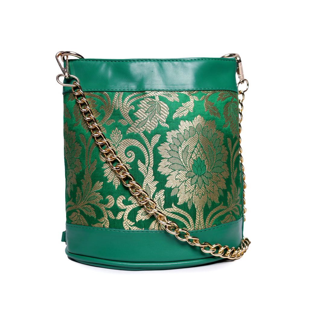 ASTRID Green Brocked Fabric  With PU and Chain Long Handle Bag.