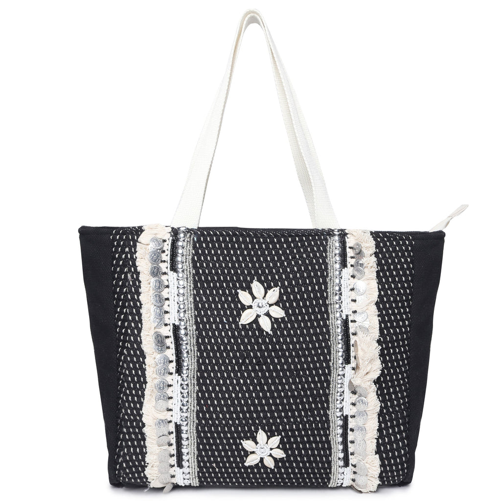 ASTRID Black/Natural Color Shopper Bags With Webbing  Handle