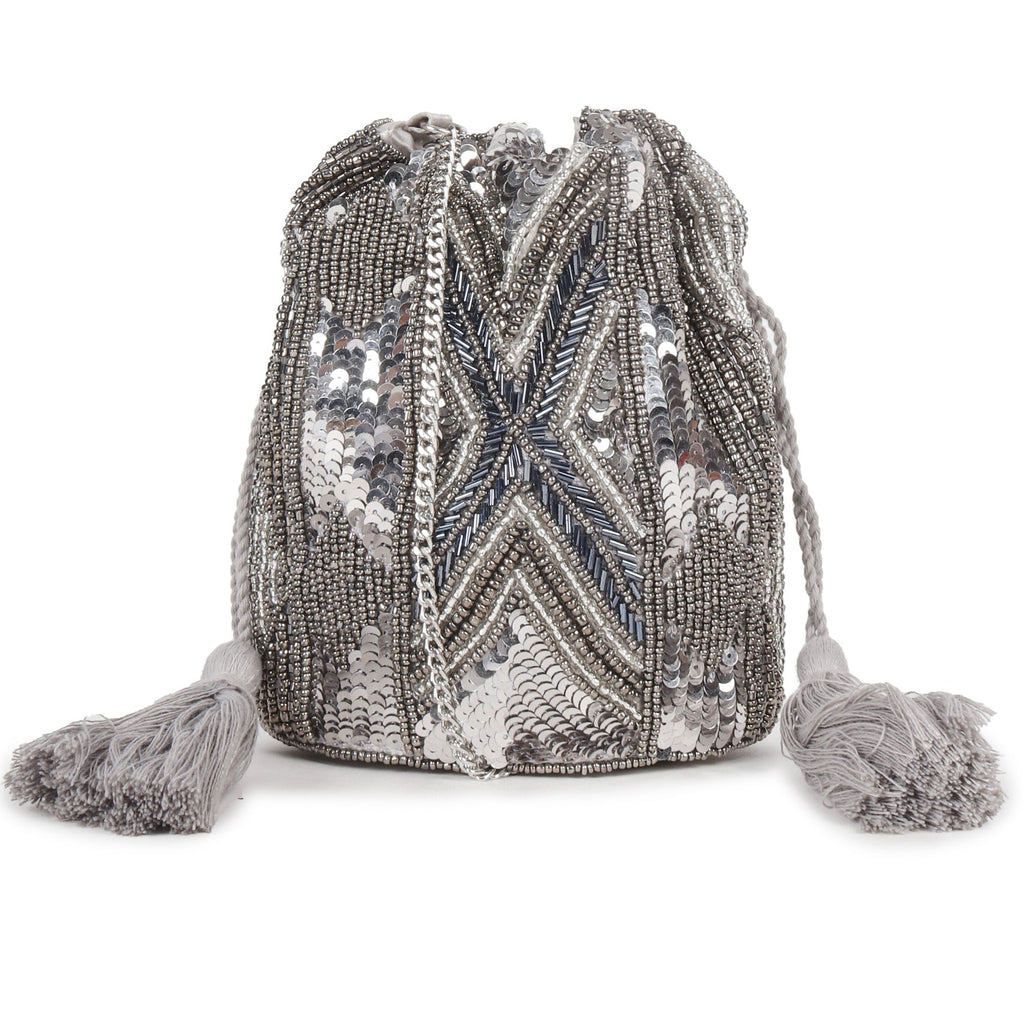 ASTRID Grey Beaded Embroidered Woven Makeup/Potli