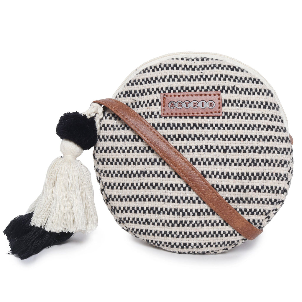 ASTRID Natural/Black Color Cotton Womens Sling Bag Medium Size