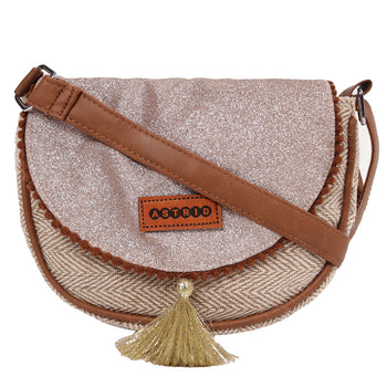 Natural Cotton Jute Fabric With Glitter Sheet Flap Crossbody Sling/Travel Pouch With Adjustable Pu Handle