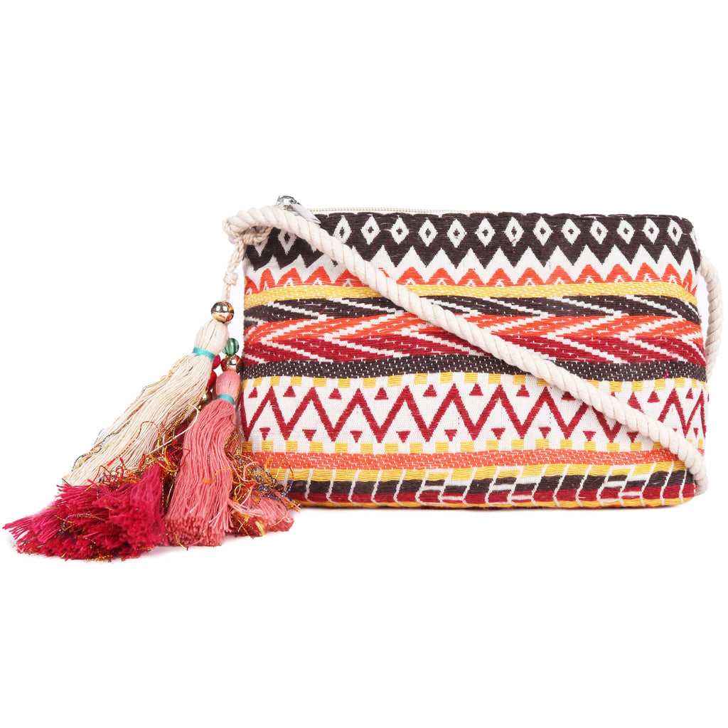 ASTRID Multi Colour Dhurry Fabric Cross body Sling/Travel Pouch With rope Handle