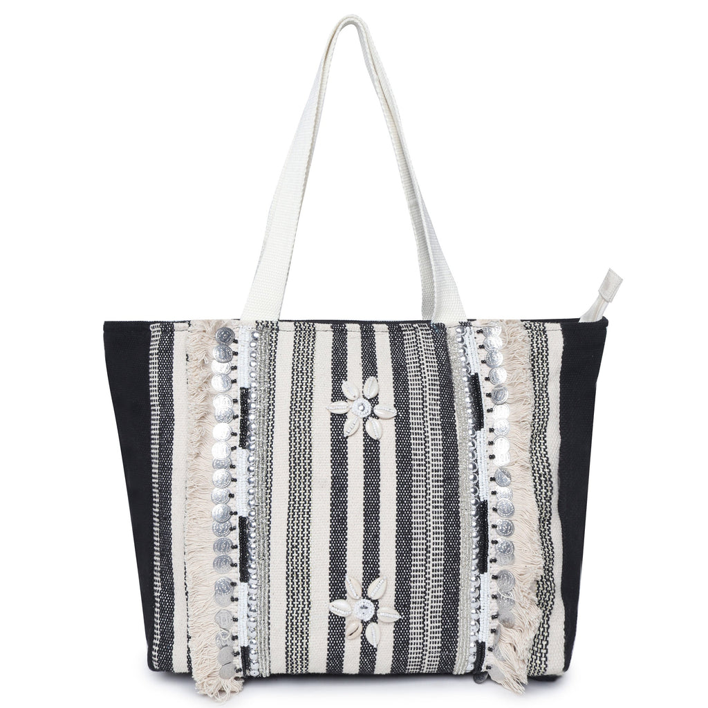 ASTRID Black/Natural Color Shopper Bags With Webbing  Handle