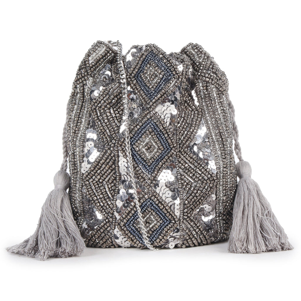 ASTRID Grey Beaded Embroidered Woven Makeup/Potli