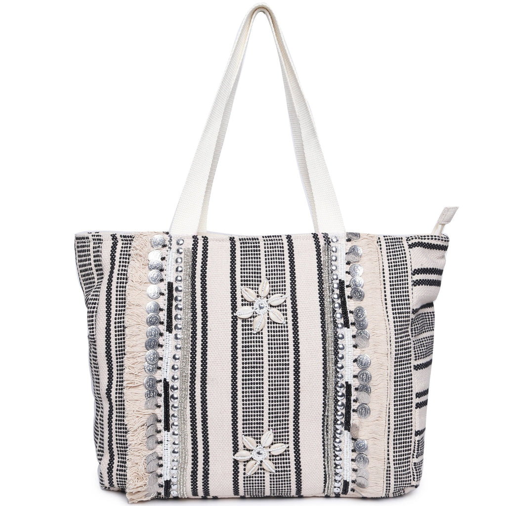 ASTRID Black/Natural Color Shopper Bags With Webbing  Handle