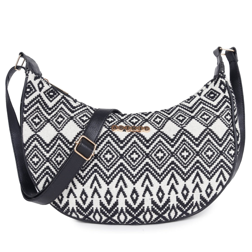 ASTRID Natural/Black Colour  Dhurry  Fabric Crossbody Sling/Travel Pouch With PU Adjustable Handle