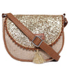 Natural Cotton Jute Fabric With Glitter Sheet Flap Crossbody Sling/Travel Pouch With Adjustable Pu Handle