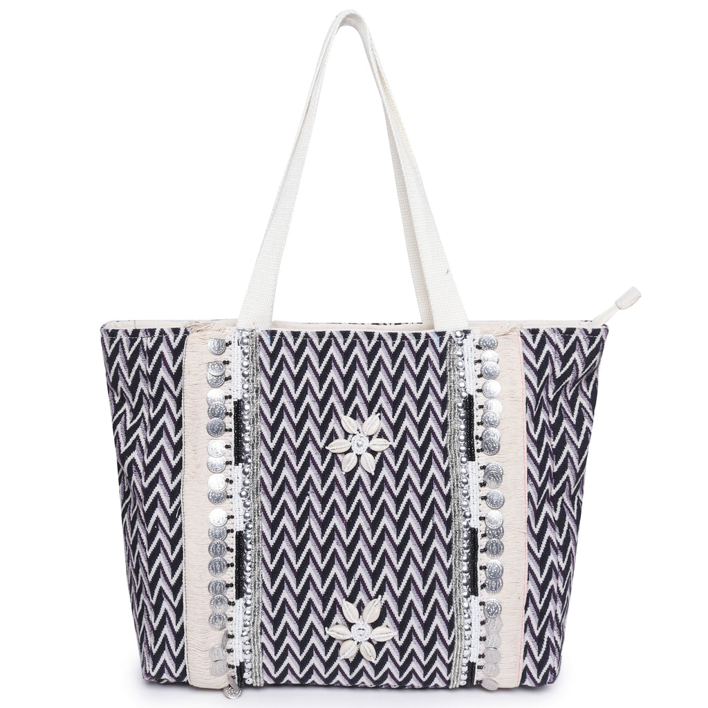 ASTRID Black/Natural Color Shopper Bags With Webbing  Handle