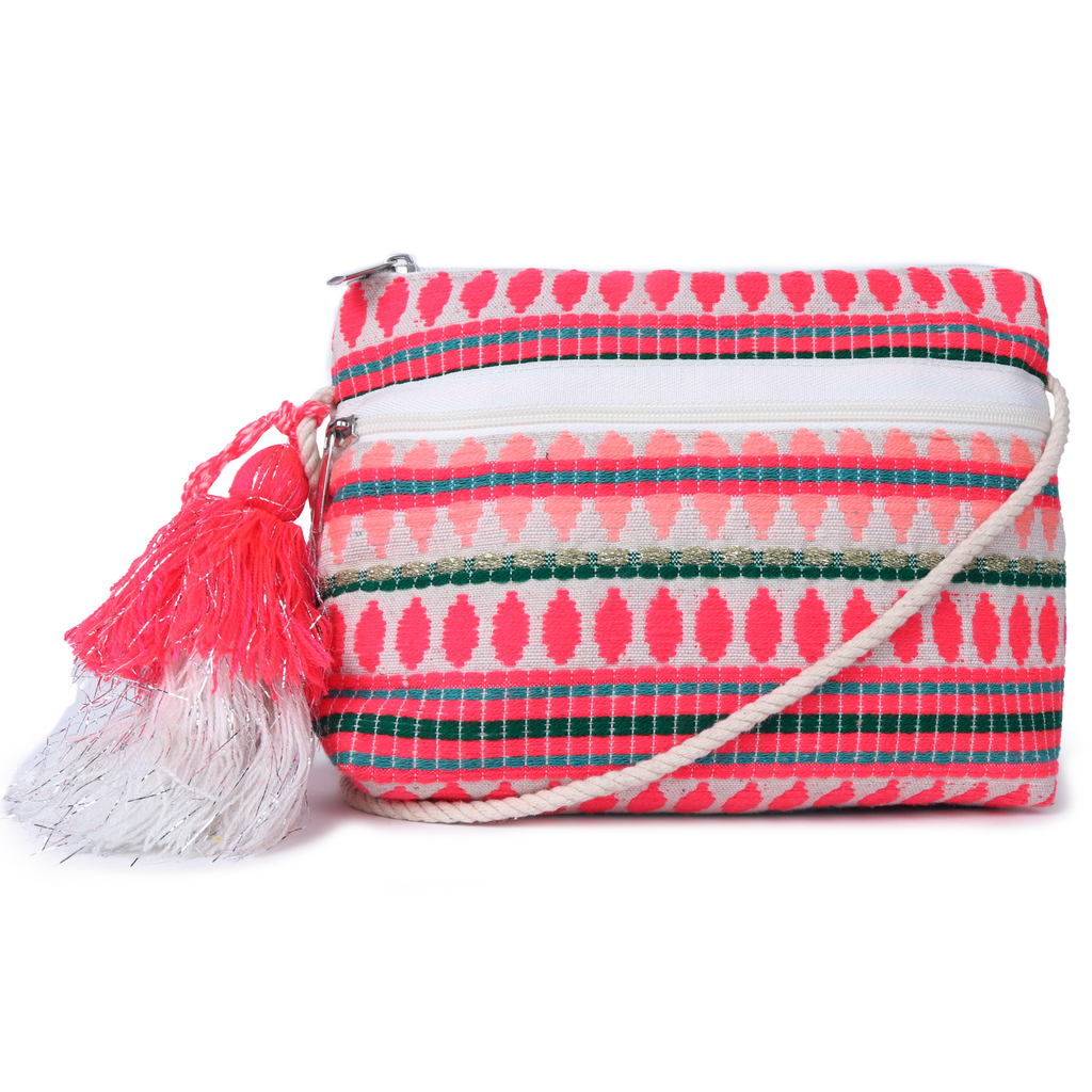 ASTRID Multi Colour Dhurry Fabric Cross body Sling/Travel Pouch With rope Handle