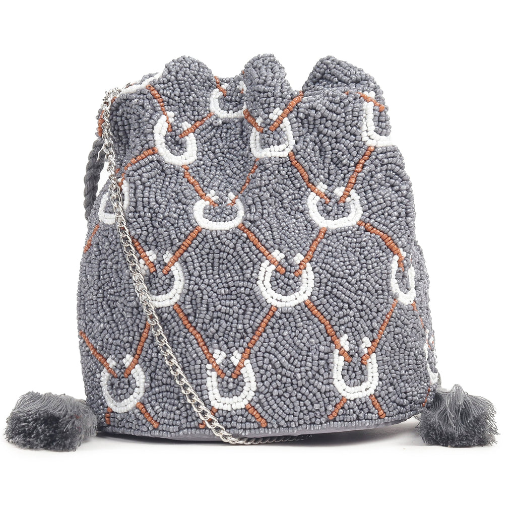ASTRID Grey Beaded Embroidered Woven Makeup/Potli