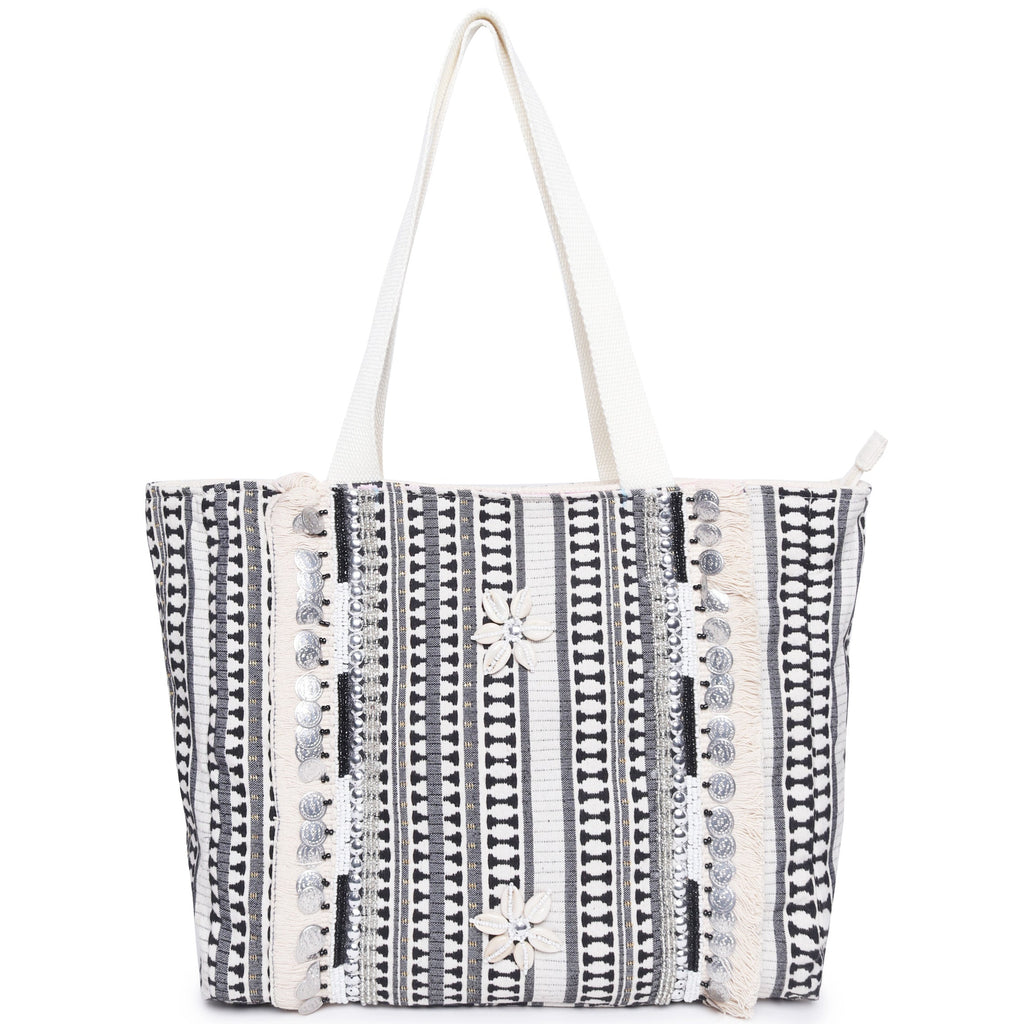 ASTRID Black/Natural Color Shopper Bags With Webbing  Handle