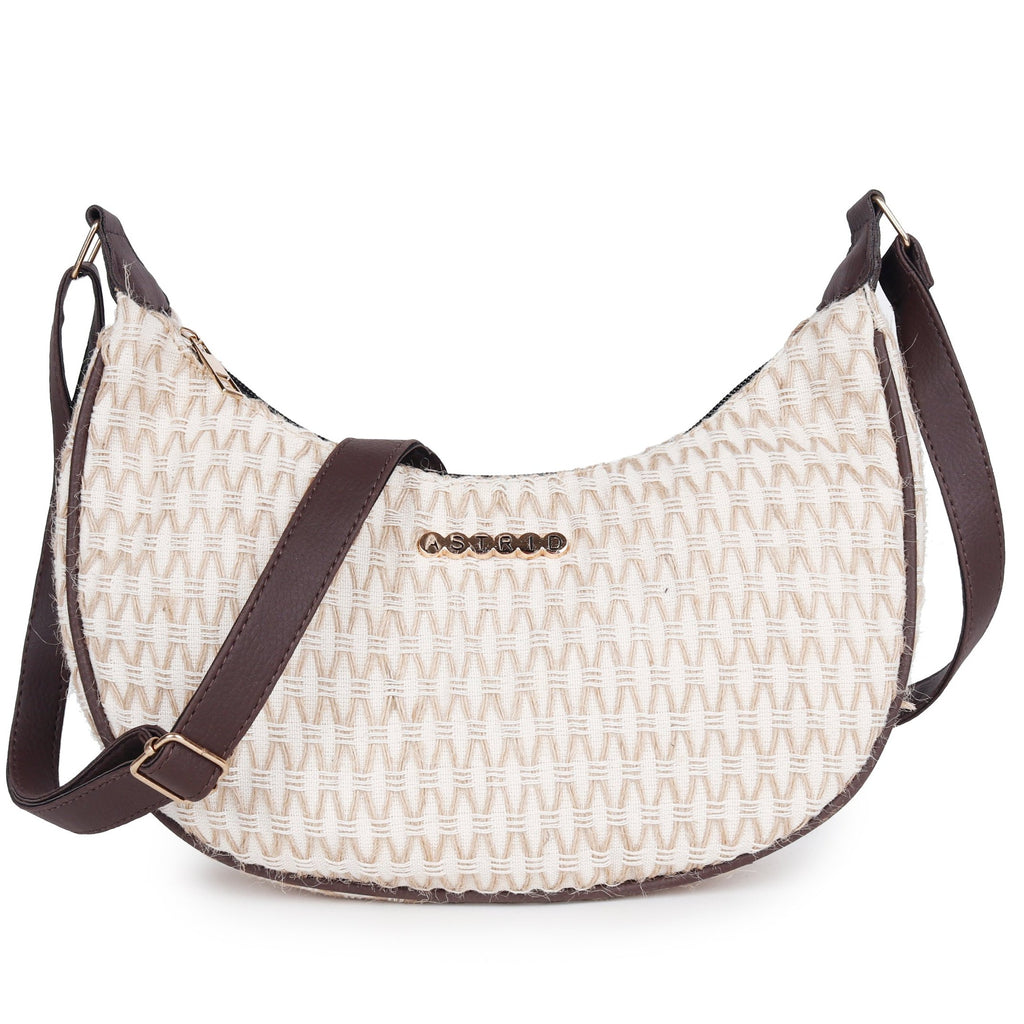 ASTRID Natural/Black Colour  Dhurry  Fabric Crossbody Sling/Travel Pouch With PU Adjustable Handle