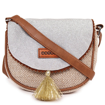 Natural Cotton Jute Fabric With Glitter Siliver Sheet Flap Crossbody Sling/Travel Pouch With Adjustable Pu Handle