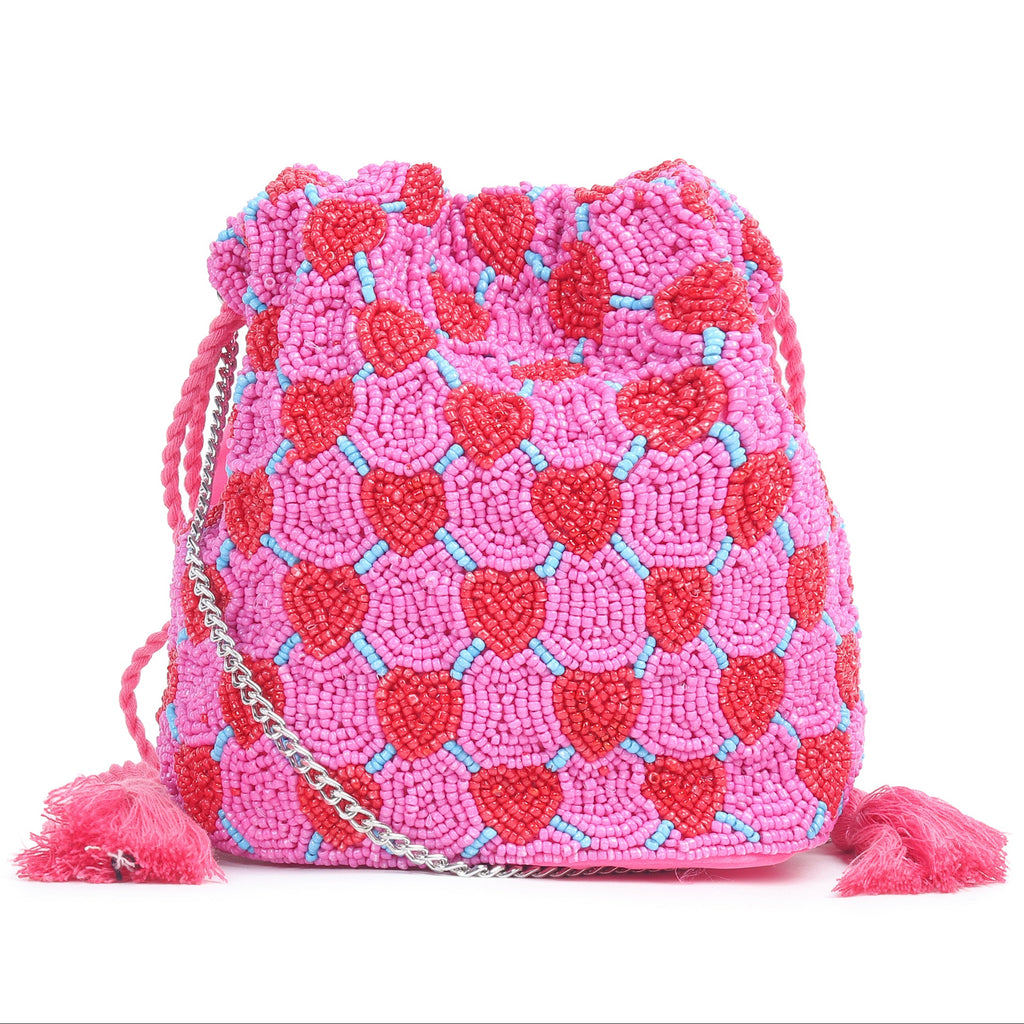 ASTRID Pink Beaded Embroidered Woven Makeup/Potli