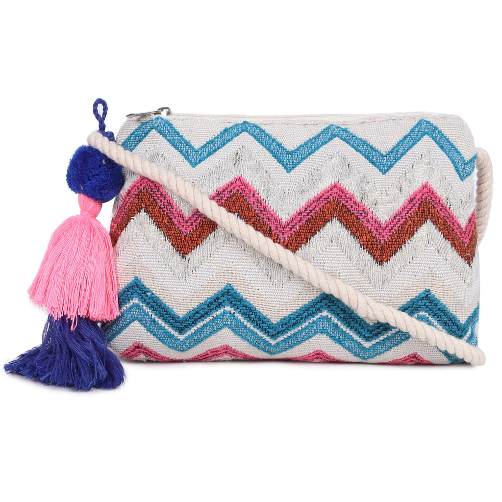 ASTRID Multi Colour  Dhurry  Fabric Crossbody Sling/Travel Pouch With rope Handle