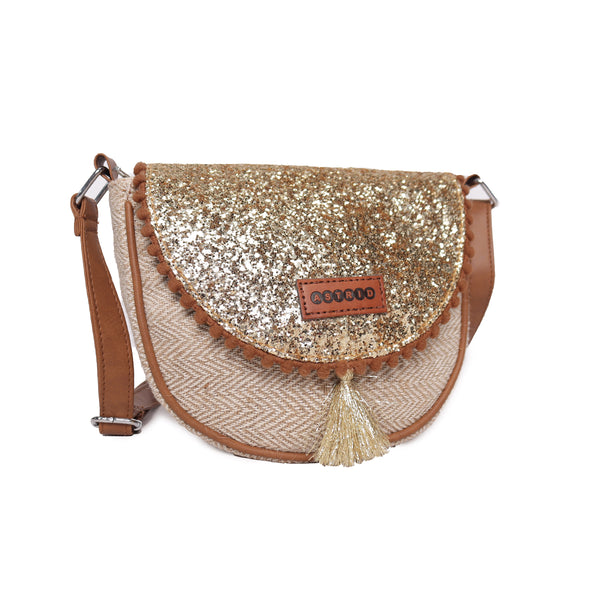 Natural Cotton Jute Fabric With Glitter Sheet Flap Crossbody Sling/Travel Pouch With Adjustable Pu Handle