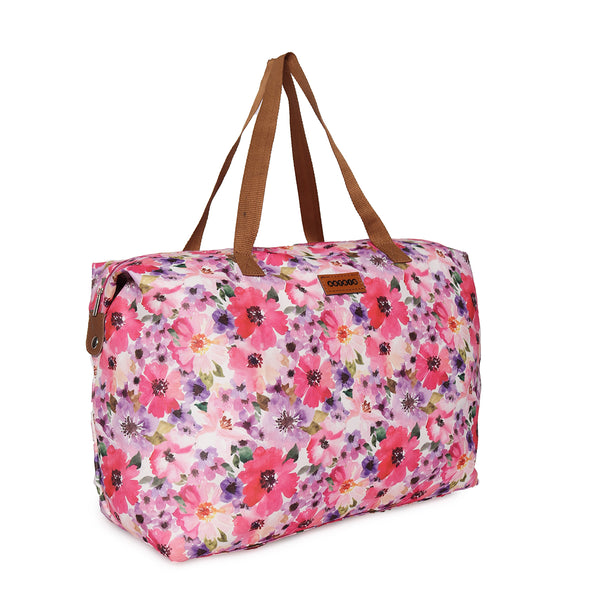 Oversize Tote Bag Natural Color Floral Print On Polyester Fabric,
