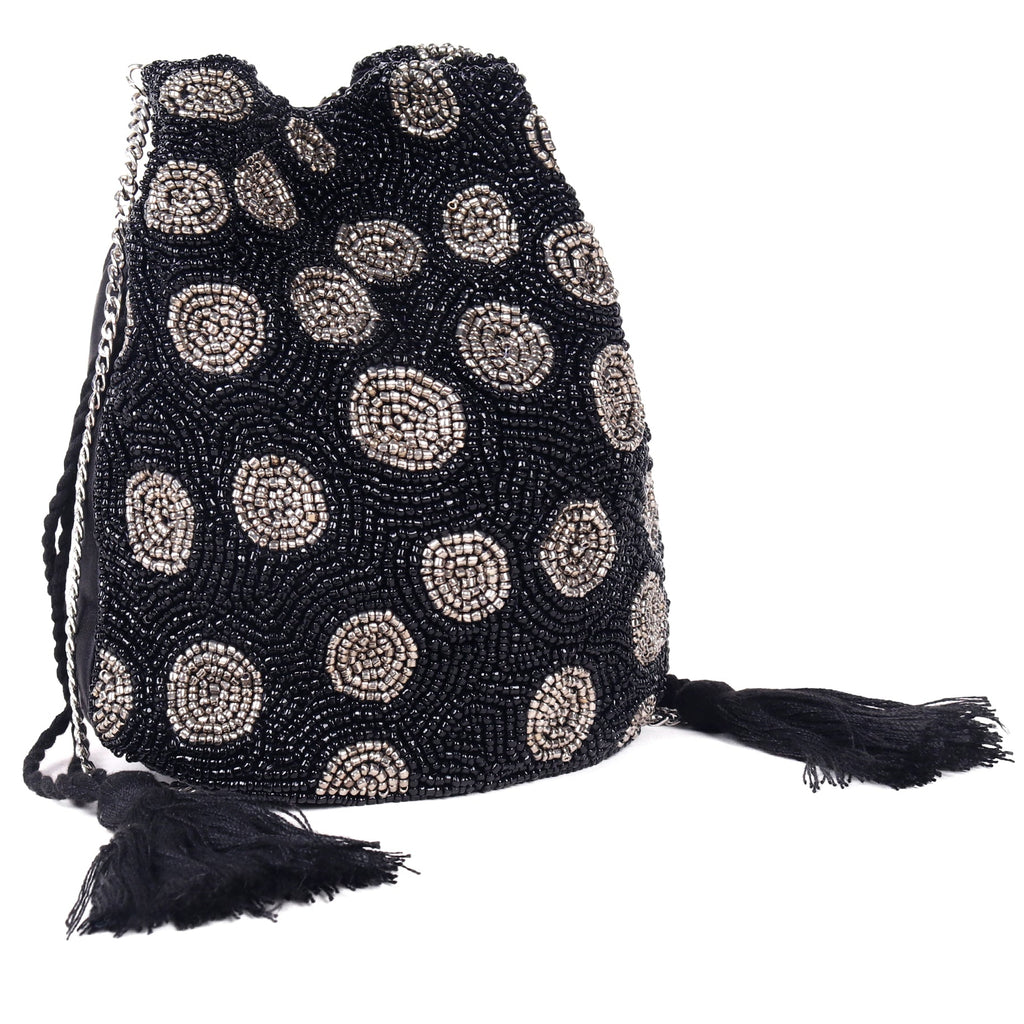 ASTRID Green/ White Beaded Embroidered Woven Makeup/Potli