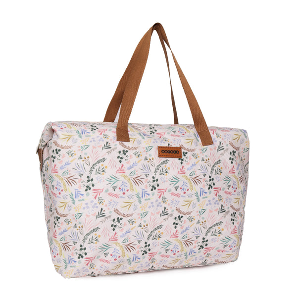 Oversize Tote Bag Natural Color Floral Print On Polyester Fabric,