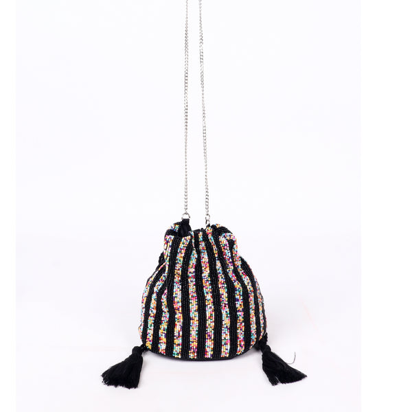 ASTRID Green/ White Beaded Embroidered Woven Makeup/Potli