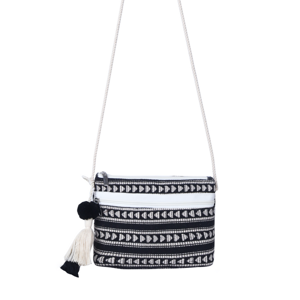 ASTRID black/white Colour  Dhurry  Fabric Cross body Sling/Travel Pouch With rope Handle