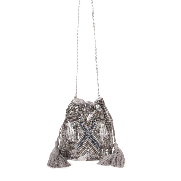 ASTRID Grey Beaded Embroidered Woven Makeup/Potli