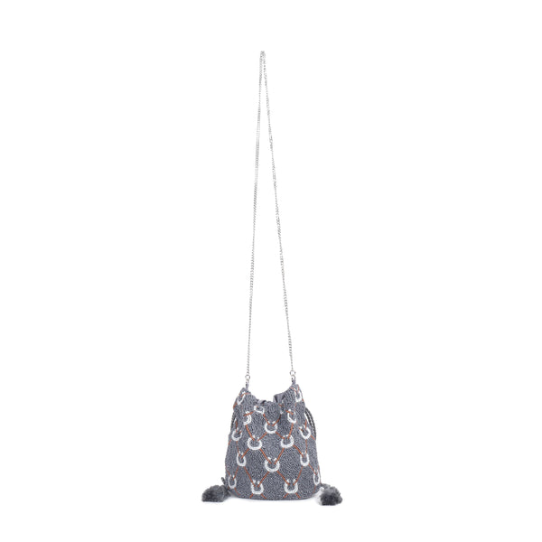 ASTRID Grey Beaded Embroidered Woven Makeup/Potli
