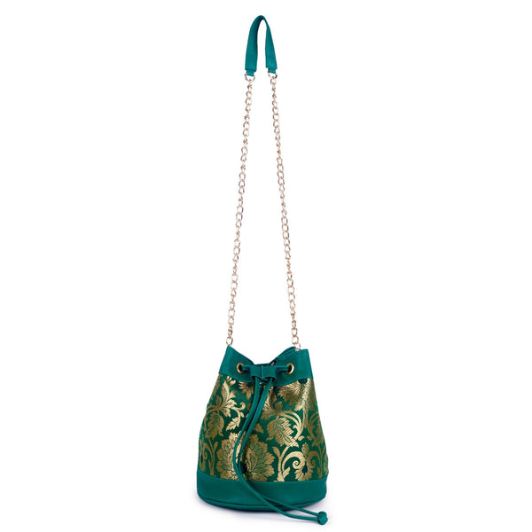 ASTRID Green Brocked Fabric Drawstring Bag With PU and Chain Long Handle Bag.